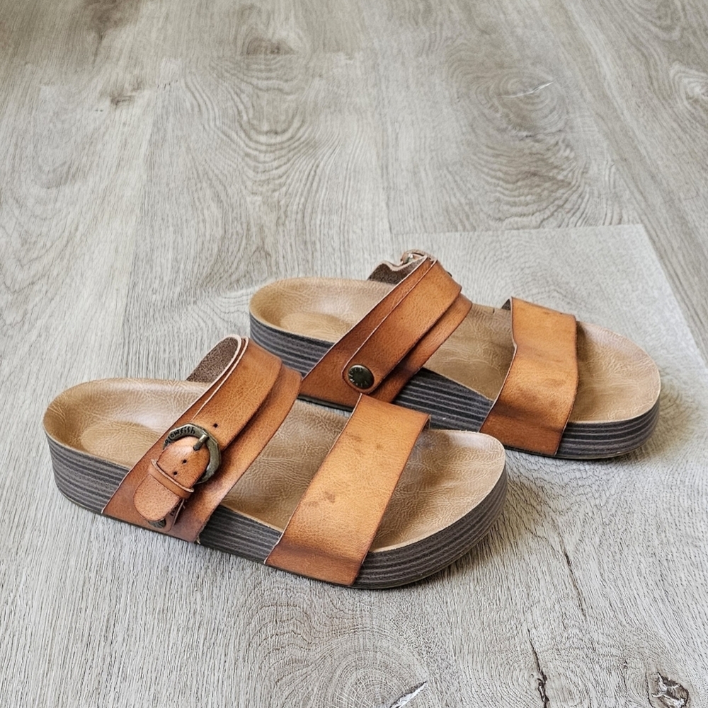 Blowfish Tan Leather-Look Double Strap Slide Sandals